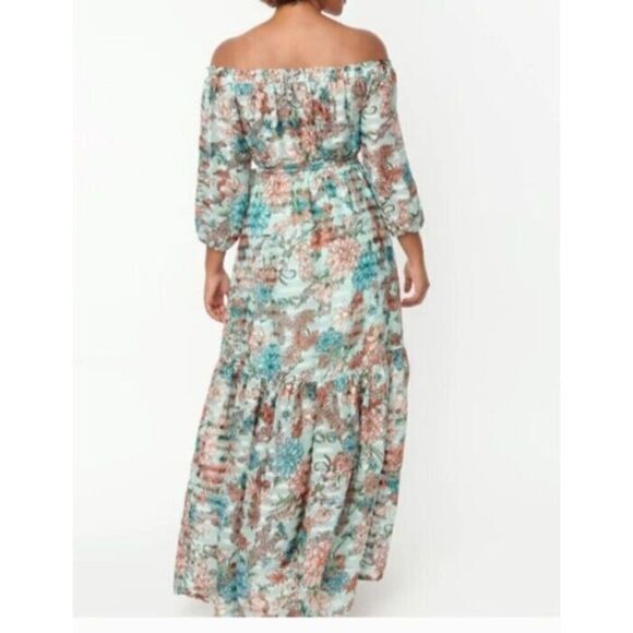Unique Vintage Sample Dress Plus Size 3XL Green Floral Off The Shoulder Maxi - Picture 3 of 14